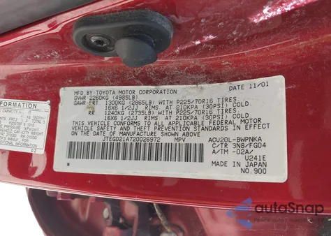 2002 Toyota Highlander z USA, uszkodzony, nr VIN JTEGD21A720026972